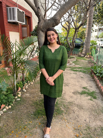 Bottle Green Rayon Chikan Kurti