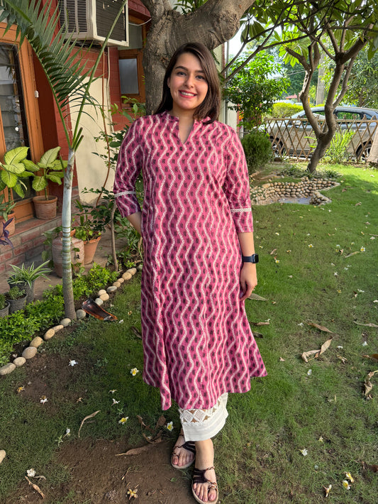 Onion Pink Ikkat A-line Kurta with Pocket by MySanskritam