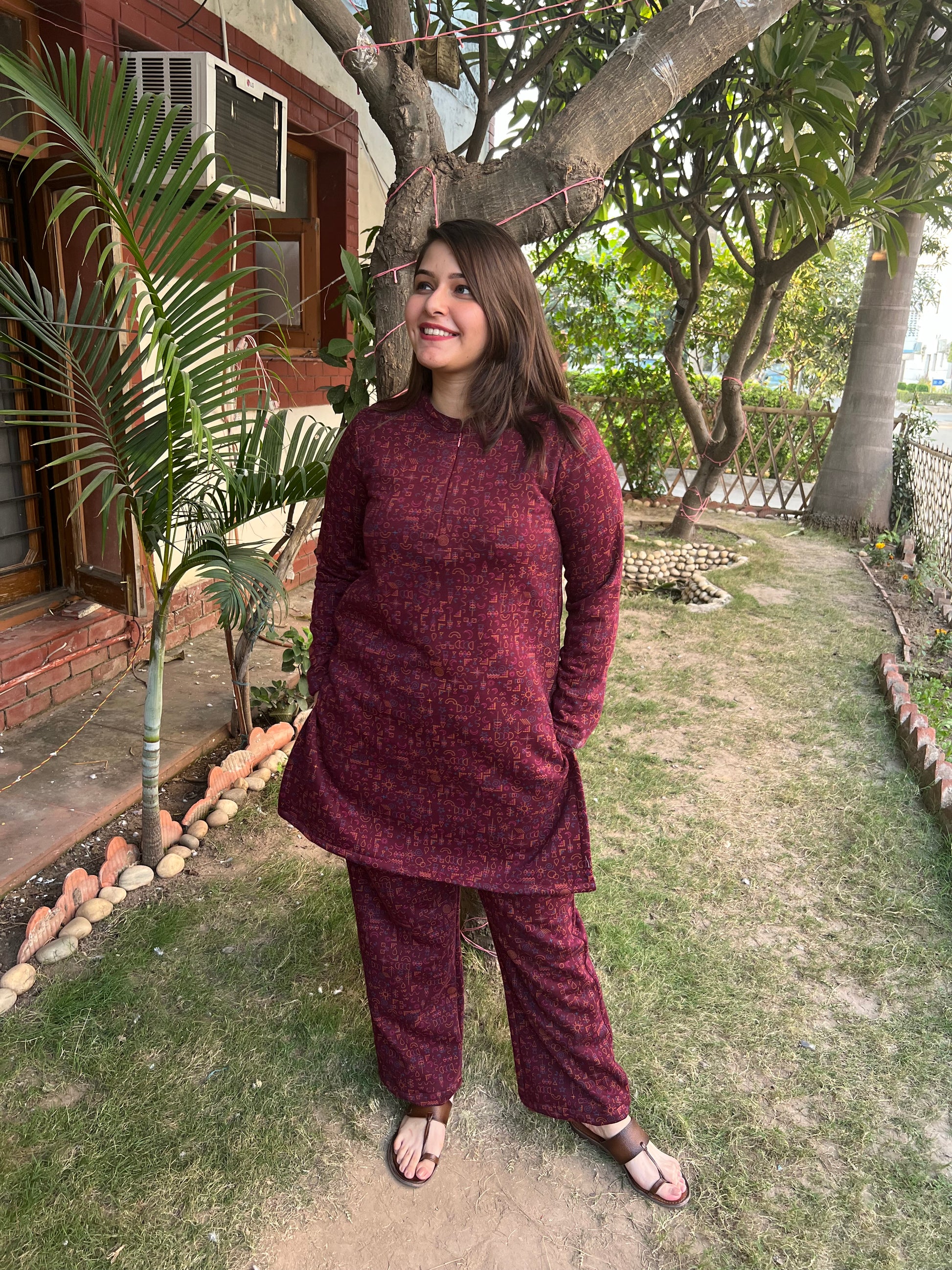 Maroon Fleece winter nightsuit - MYSANSKRITAM