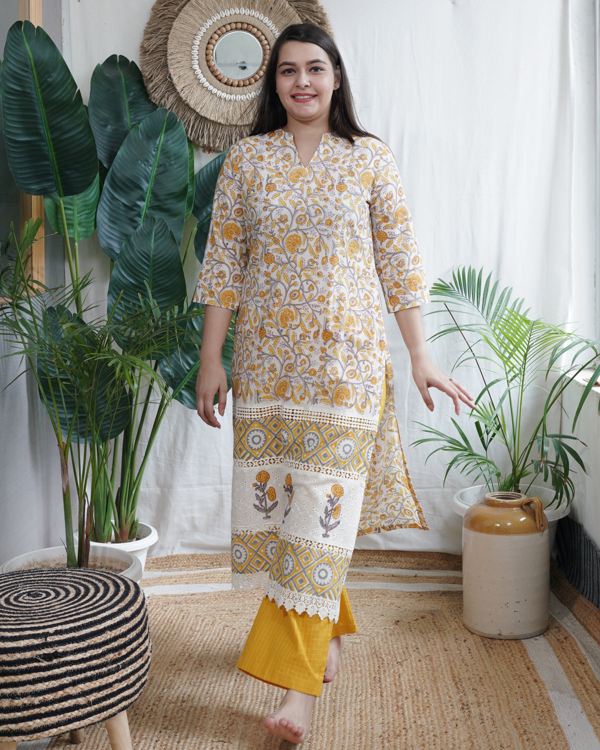 Mustard floral lacework coord set