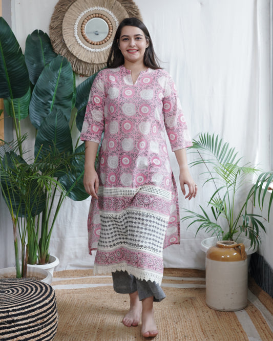 Handblock lacework kurta (PINK)