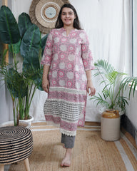 Handblock lacework kurta (PINK)
