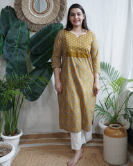 Mustard Geometric Yoke Kurta