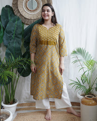 Mustard Geometric Yoke Kurta