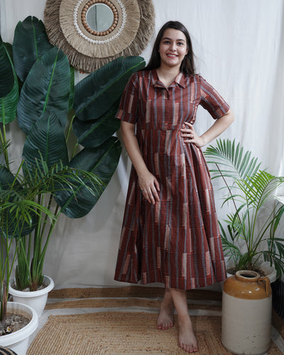 Maroon Maze Handblock Flare Dress