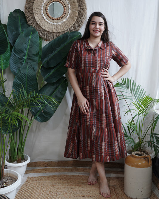 Maroon Maze Handblock Flare Dress