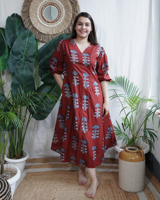 Maroon Handblock Dress with lining