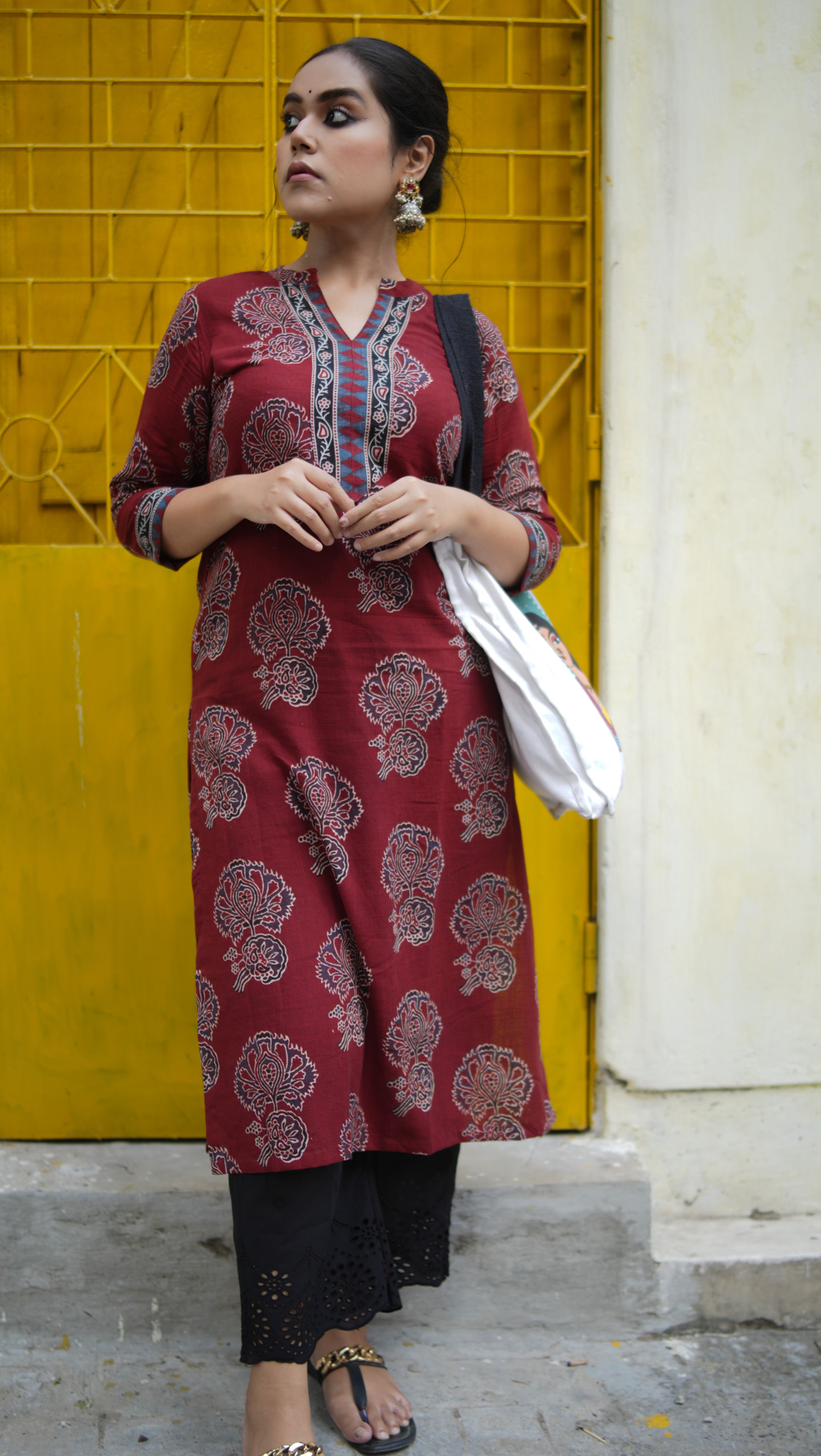 Maroon Ajrakh Flower bunch kurta - MYSANSKRITAM