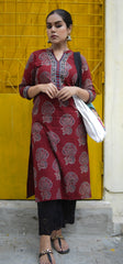 Maroon Ajrakh Flower bunch kurta - MYSANSKRITAM