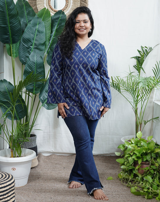 Blue geometric rayon kurti