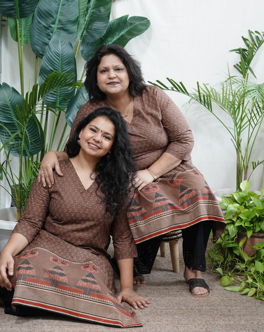 Brown sanganeri rose kurta with border
