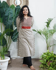 Cream bagru yoke kurta