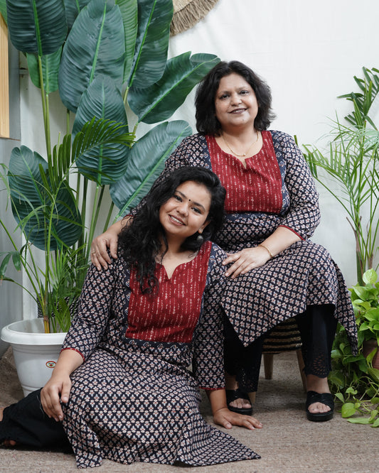 Black ajrakh choti buti yoke kurta