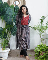 Black ajrakh choti buti yoke kurta