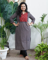Black ajrakh choti buti yoke kurta