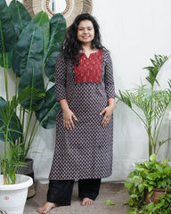 Black ajrakh choti buti yoke kurta