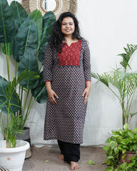 Black ajrakh choti buti yoke kurta