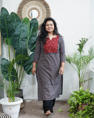 Black ajrakh choti buti yoke kurta
