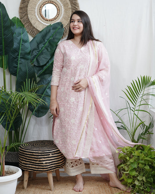 Pastel pink Lucknowi embroidered full suit set