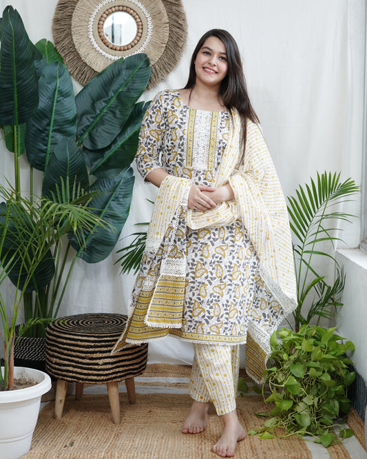Lemon floral handblock full suit set