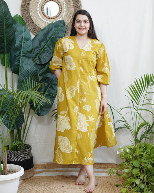 Mustard floral dress with lining