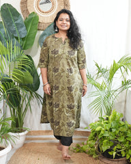 Leaf green floral kurta with pocket