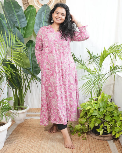 Pink floral rayon aline kurta with pocket