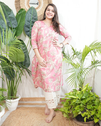 Pink floral Muslin silk kurta