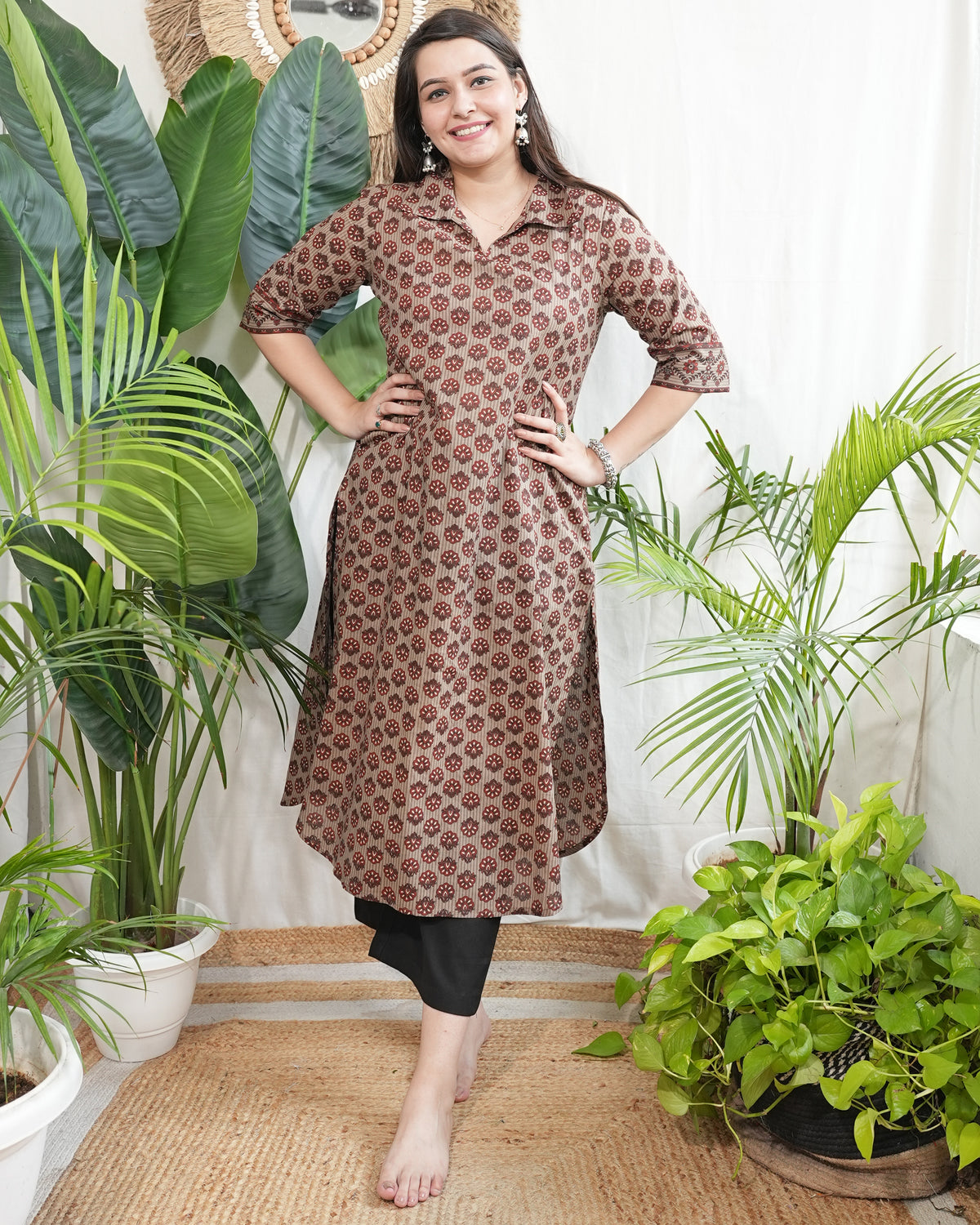 Beige Maroon flower Printed Kurta