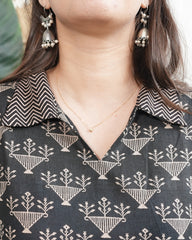Black blockprint collar neck kurta with pocket