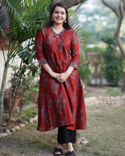 Maroon buta ajrakh chanderi Aline Kurta