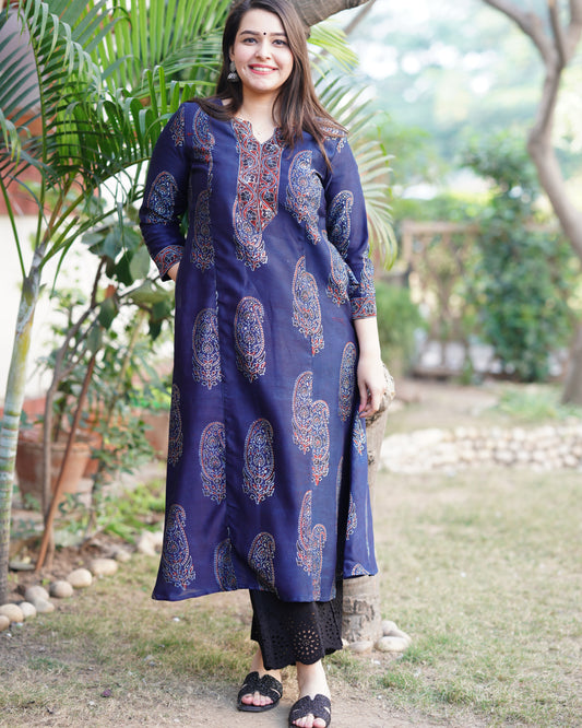 Indigo ajrakh chanderi Aline Kurta