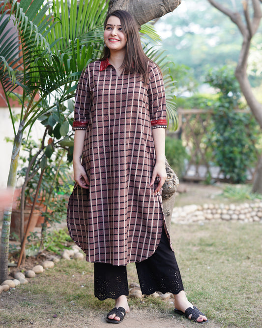 Brown checks ajrakh kurta with pocket
