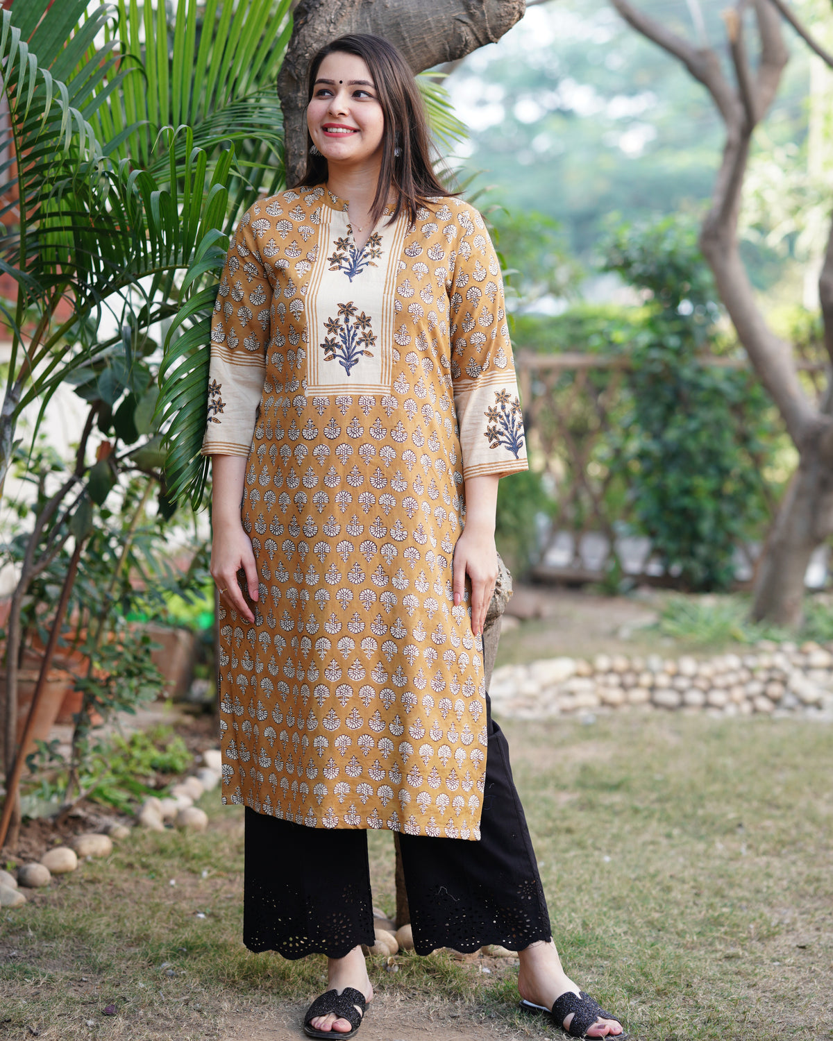 Mustard panel handblock designer kurta