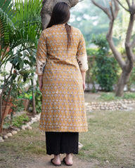 Mustard panel handblock designer kurta