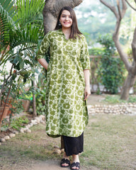 Parrot green bagru kurta with pocket