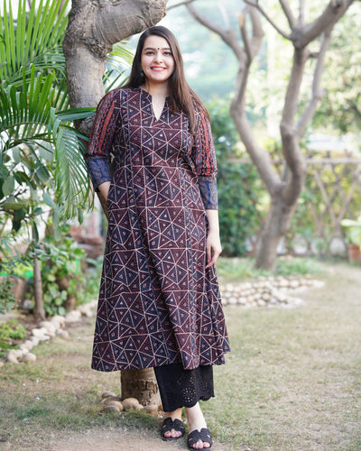 Coffee Ajrakh Aline Kurta with pocket