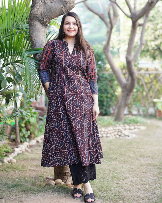 Coffee Ajrakh Aline Kurta with pocket