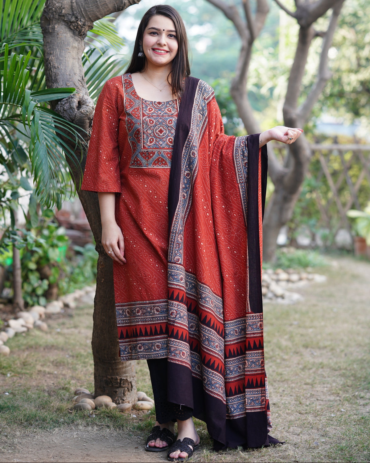 Maroon bindi Ajrakh kurta duppata set