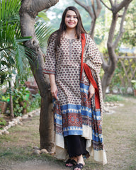 Cream lotus Ajrakh kurta duppata set