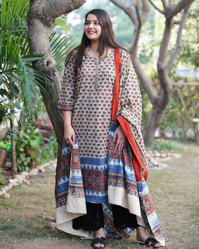 Cream lotus Ajrakh kurta duppata set