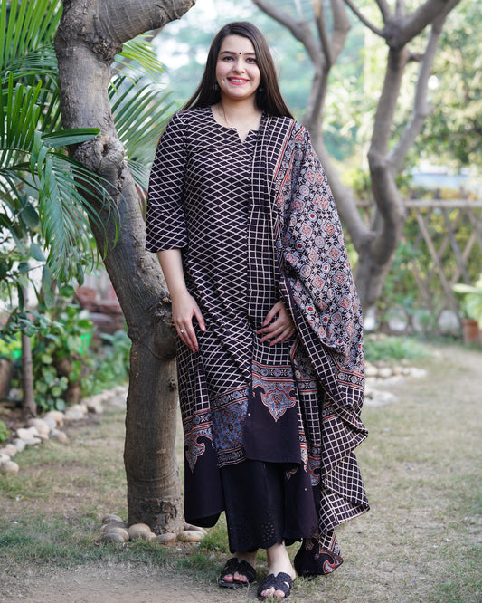 Black criss-cross Ajrakh kurta duppata set