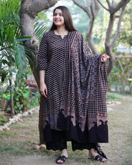 Black criss-cross Ajrakh kurta duppata set
