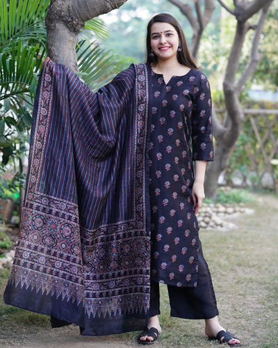Black flower chanderi full suit set
