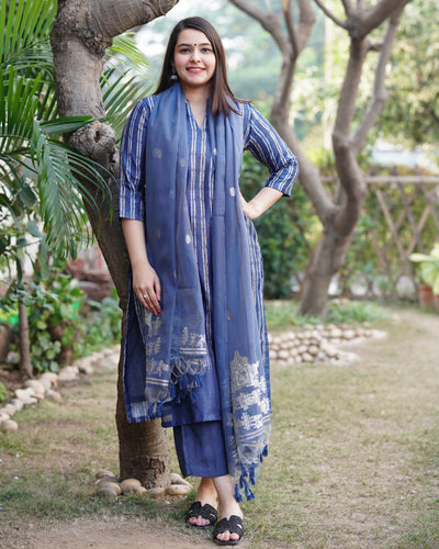 Indigo stripe chanderi full suit set