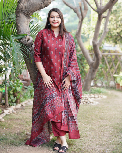 Maroon small flower chanderi full suit set