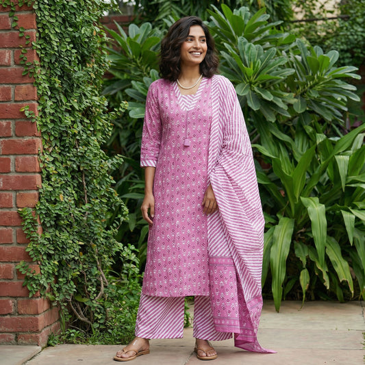 Pink flower Sanganeri full suit set