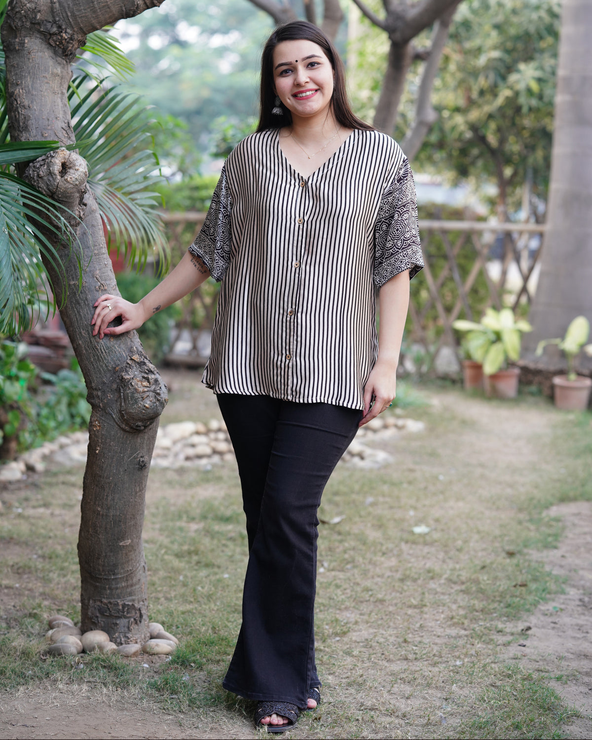 Cream lines modal silk shirt