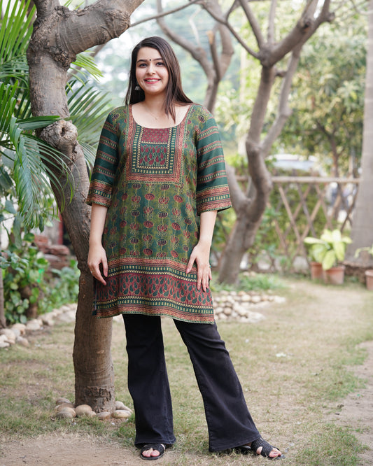 Green digital printed muslin silk short kurti