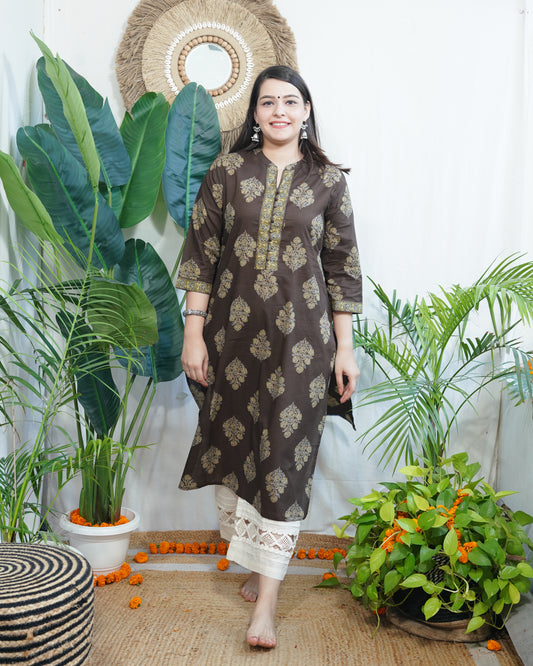Brown Buta Pothli button kurta